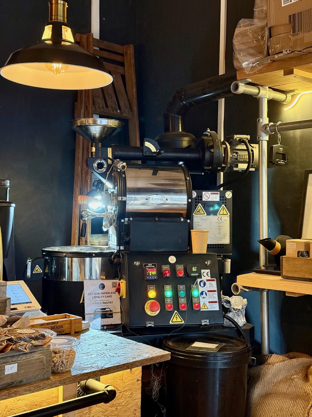 A commercial coffee roasting machine