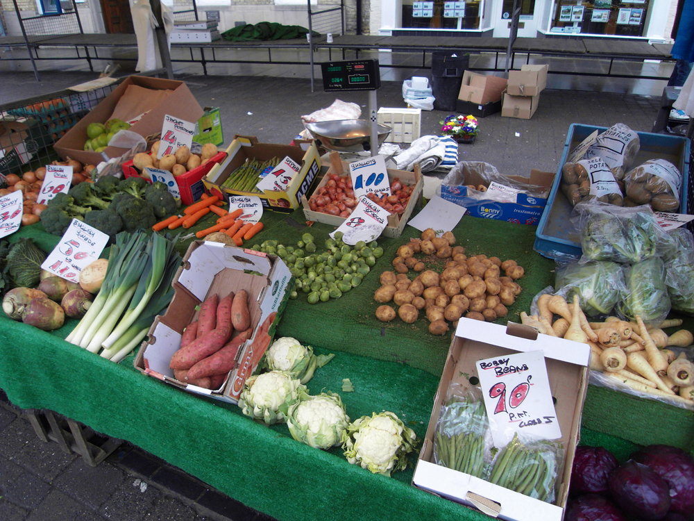 Fresh vegetables displayed at a farm market