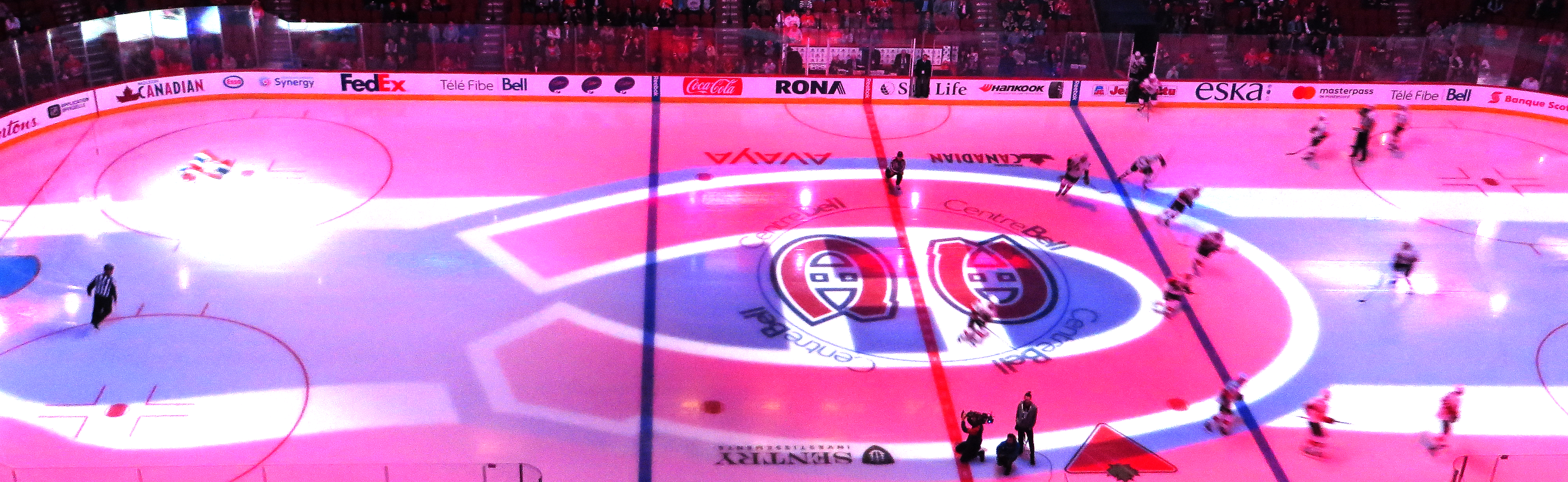 A wide pregame panorama inside the Bell Centre before a Canadiens-Senators game.