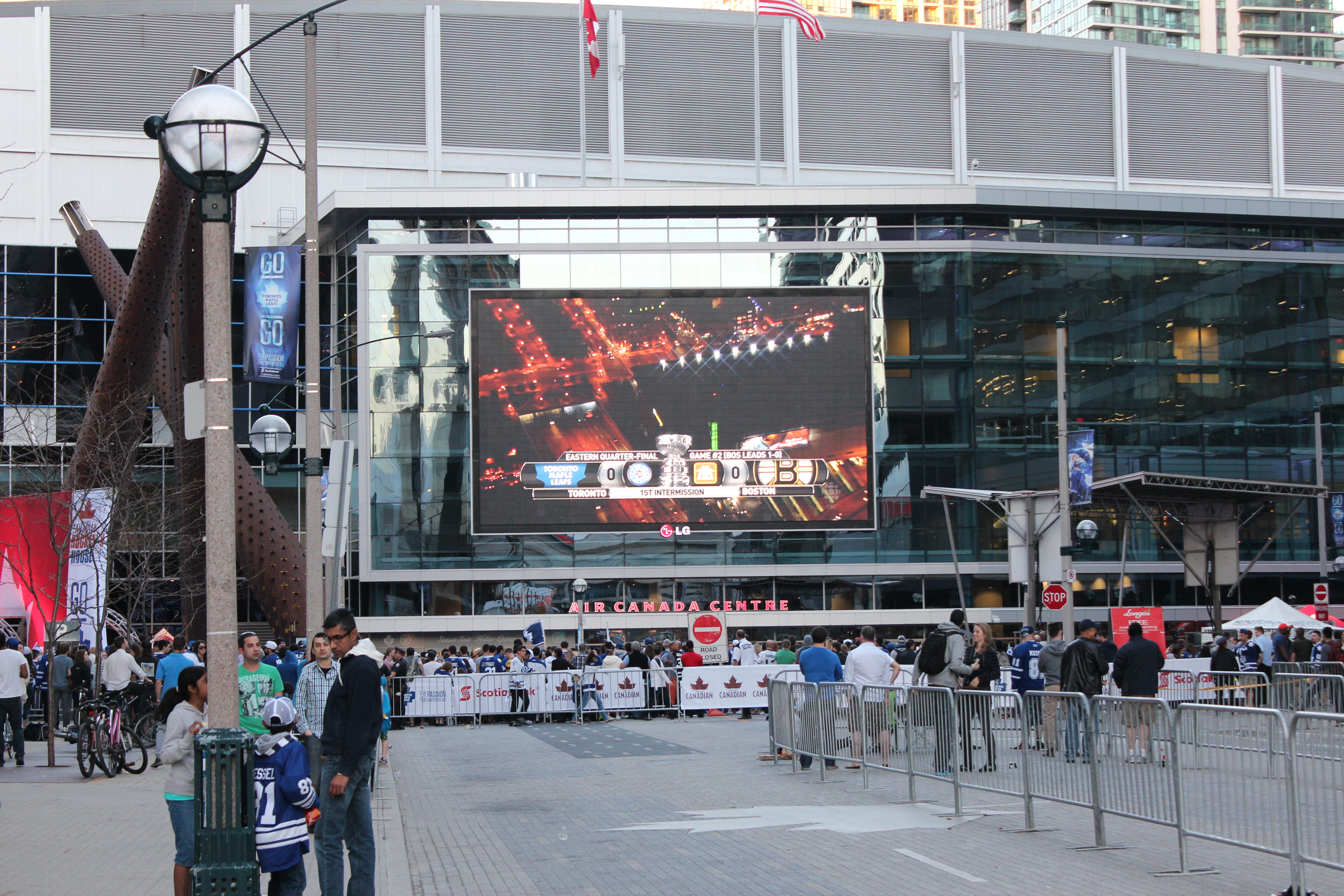 Fans pack Maple Leaf Square, the plaza outside Scotiabank Arena, during Game 2 of the 2013 Maple Leafs-Bruins playoff series.