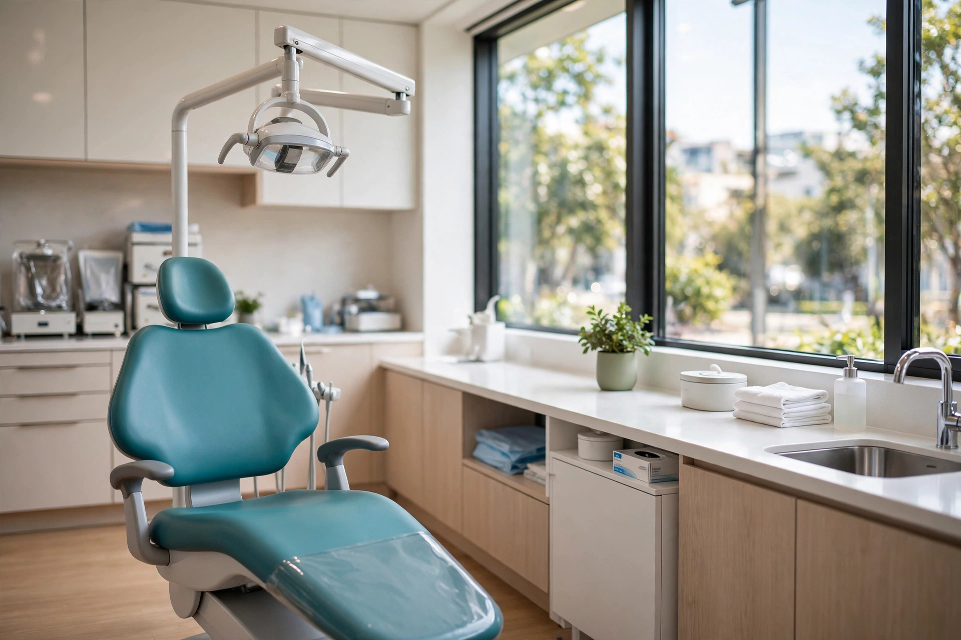 Bright modern dental operatory with a teal patient chair, large window with natural light, small plant on the counter, calm and spotless