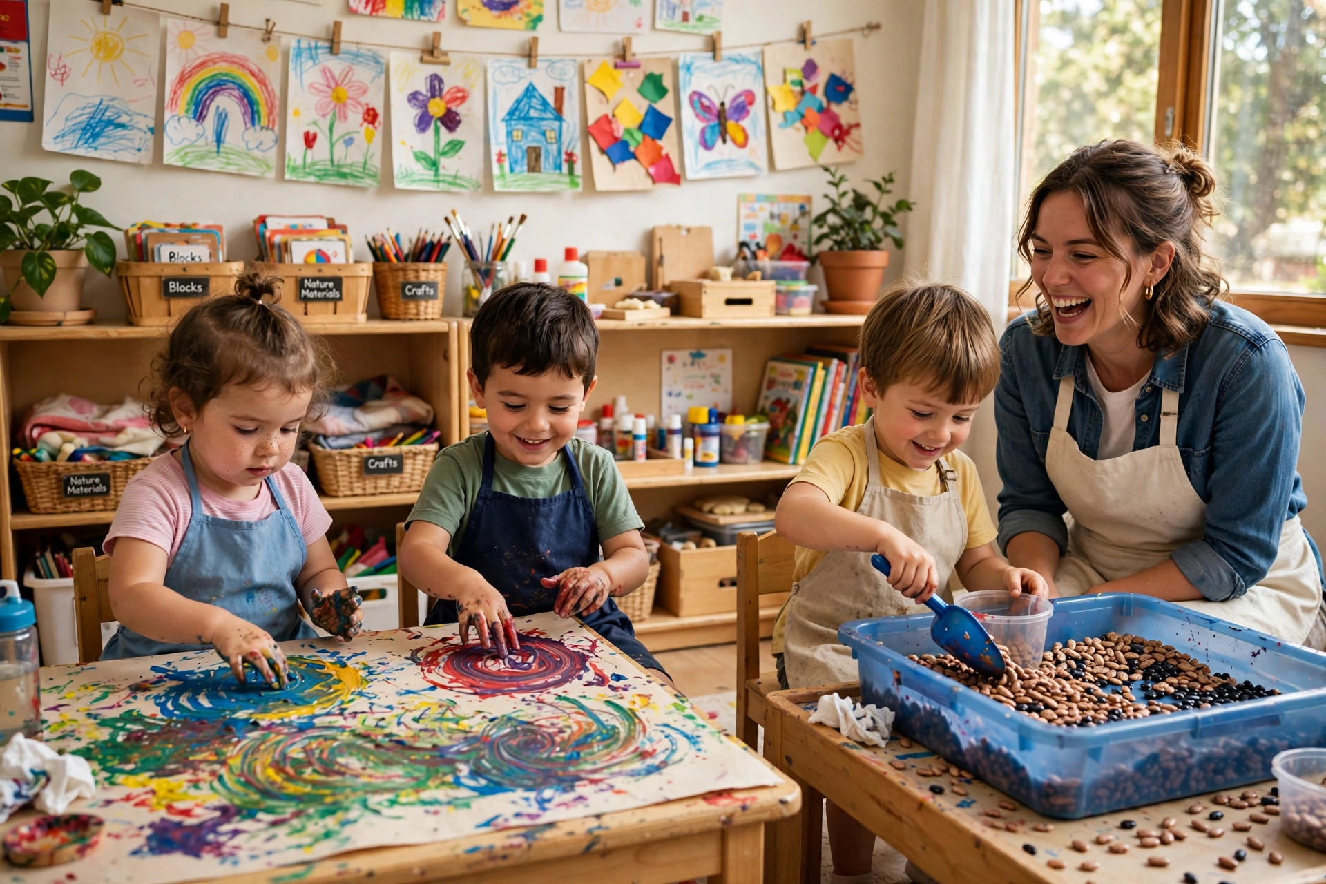 Art and sensory play — preschoolers in aprons finger-painting at a low table