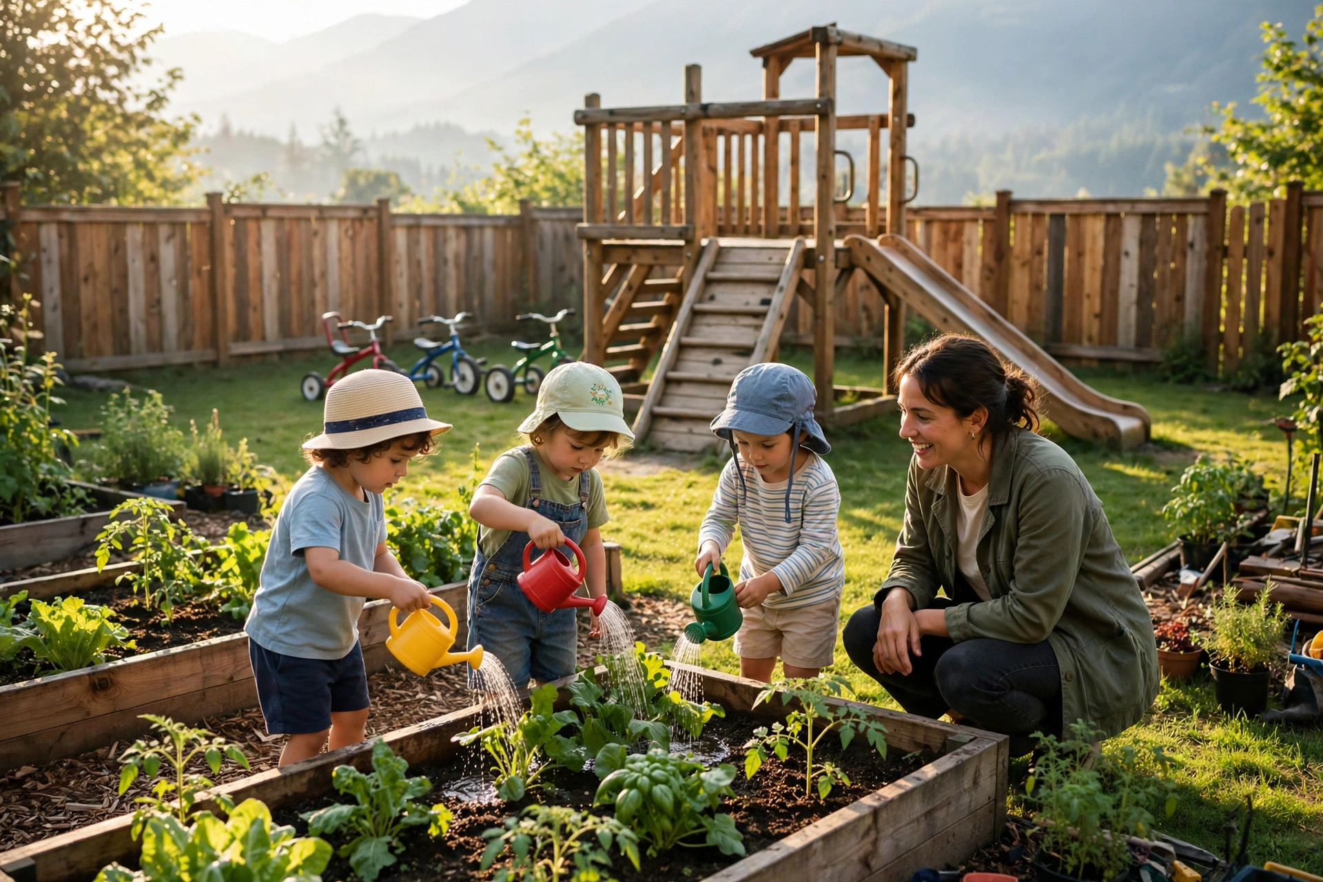 Children watering the raised garden beds in the Little Sprouts play garden on a sunny morning