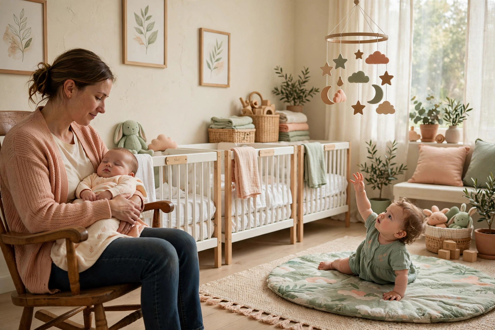The infant room — a caregiver rocking a sleeping baby while another baby plays under a wooden mobile