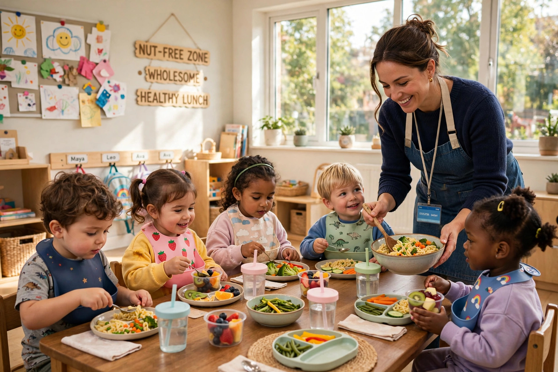 Lunch at Little Sprouts — children eating a chef-prepared family-style lunch at a low wooden table