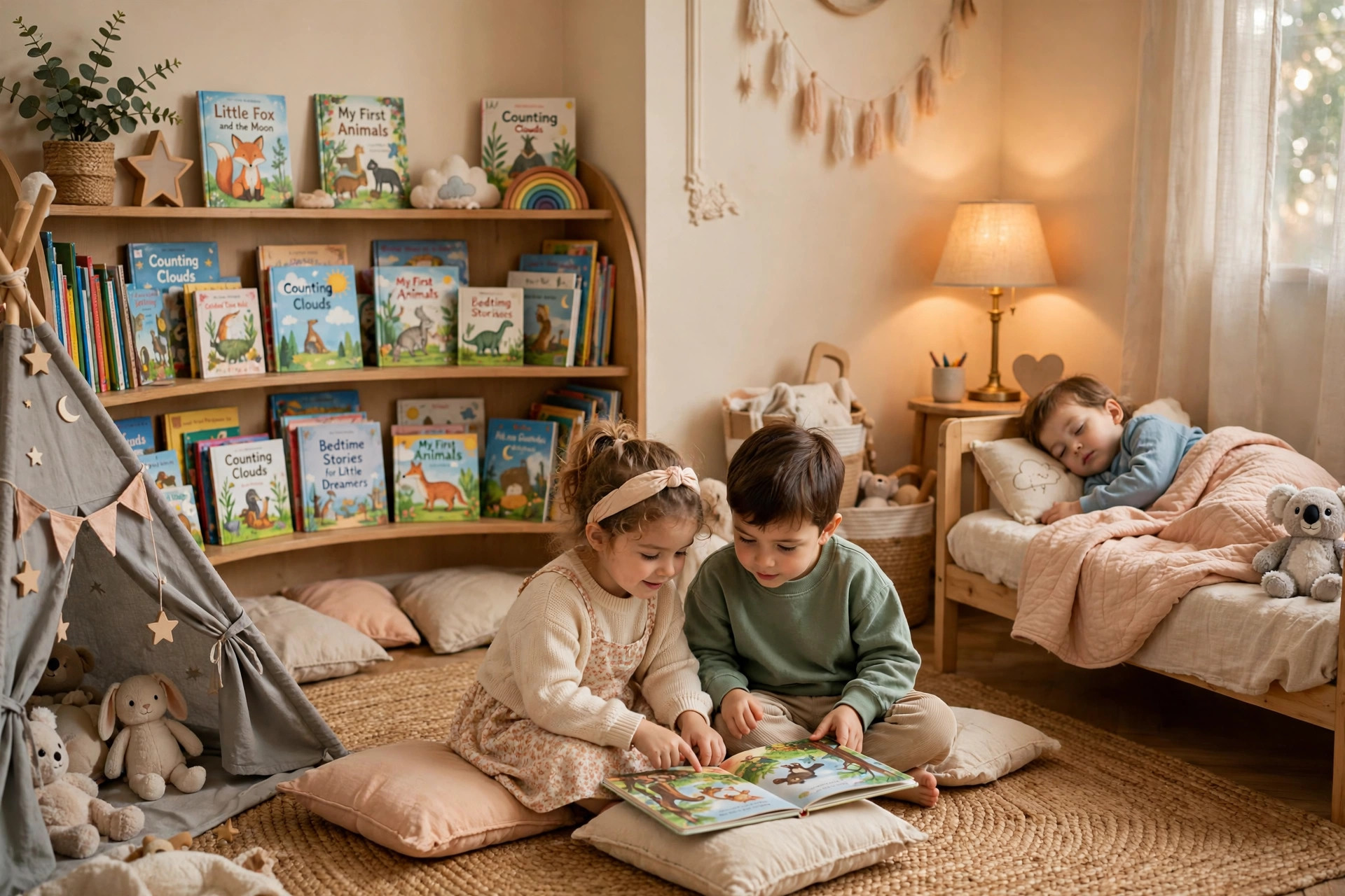 The reading nook — preschoolers sharing a picture book on floor cushions
