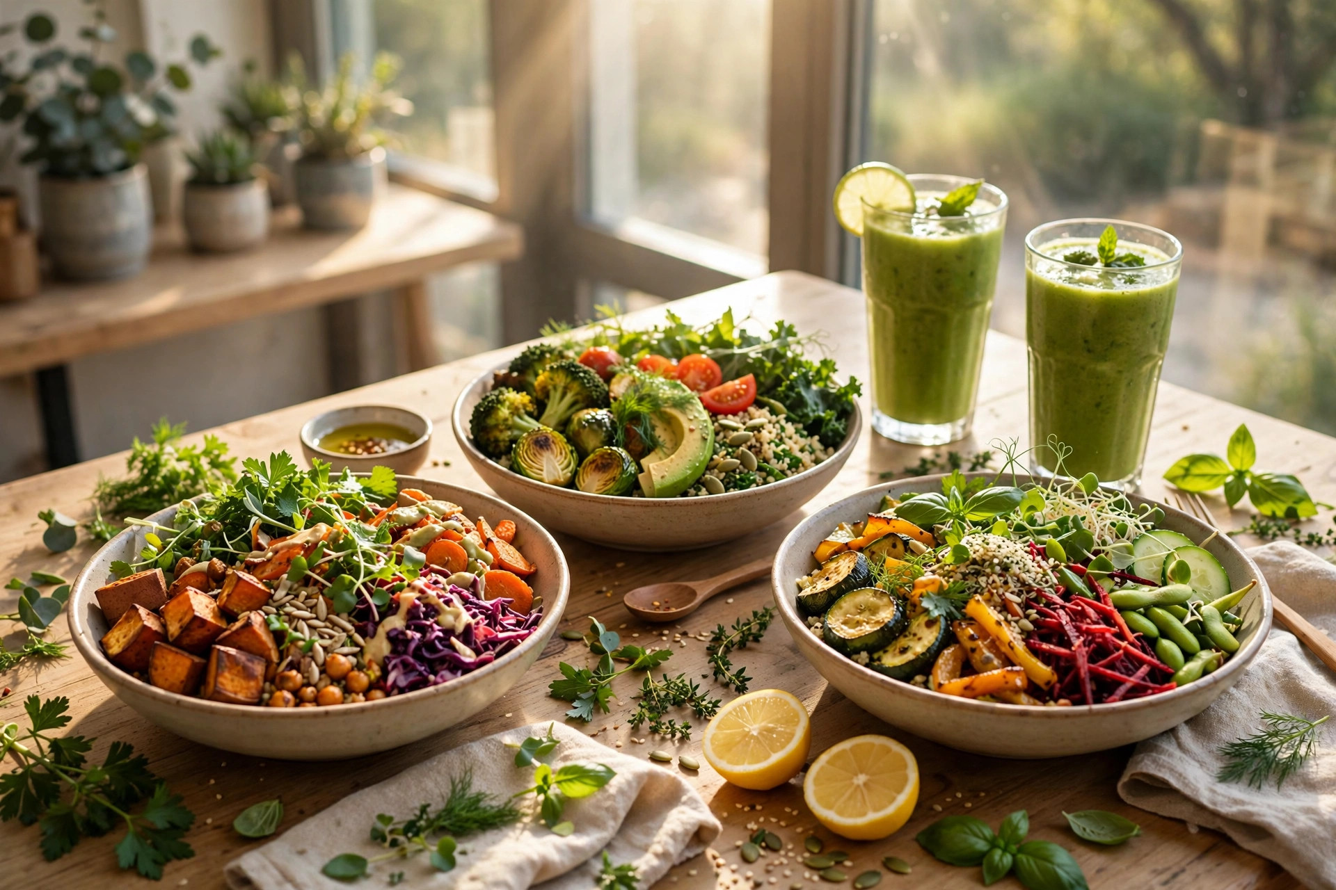 Bright vegan café table with colorful grain bowls, green smoothies, and fresh herbs in morning sunlight through large windows