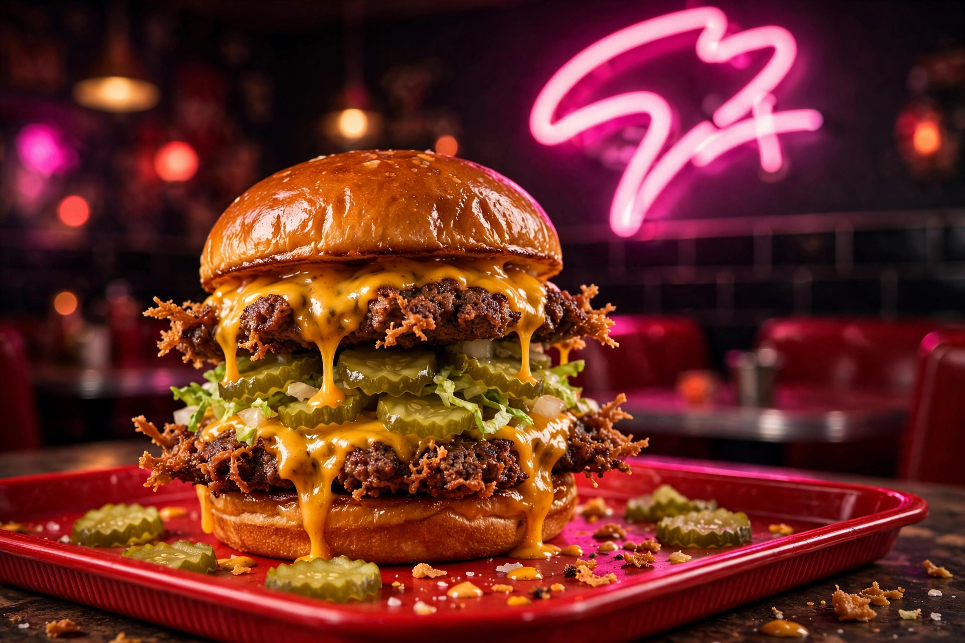 Double smash burger with melting cheese and pickles on a red tray, pink neon sign glowing on the wall behind