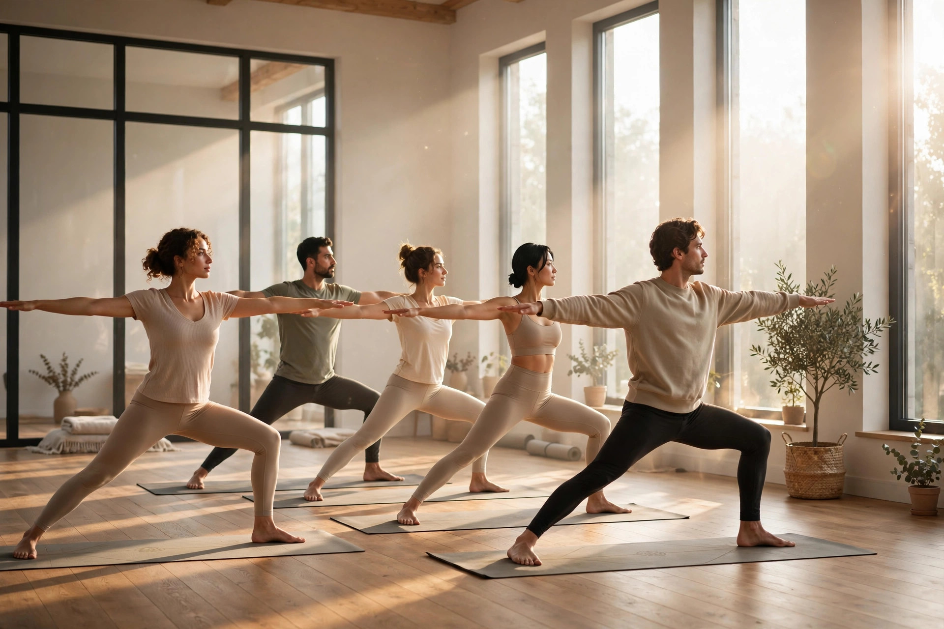 Sunlit yoga studio with warm wooden floors, a row of students holding warrior two pose, tall windows pouring in morning light