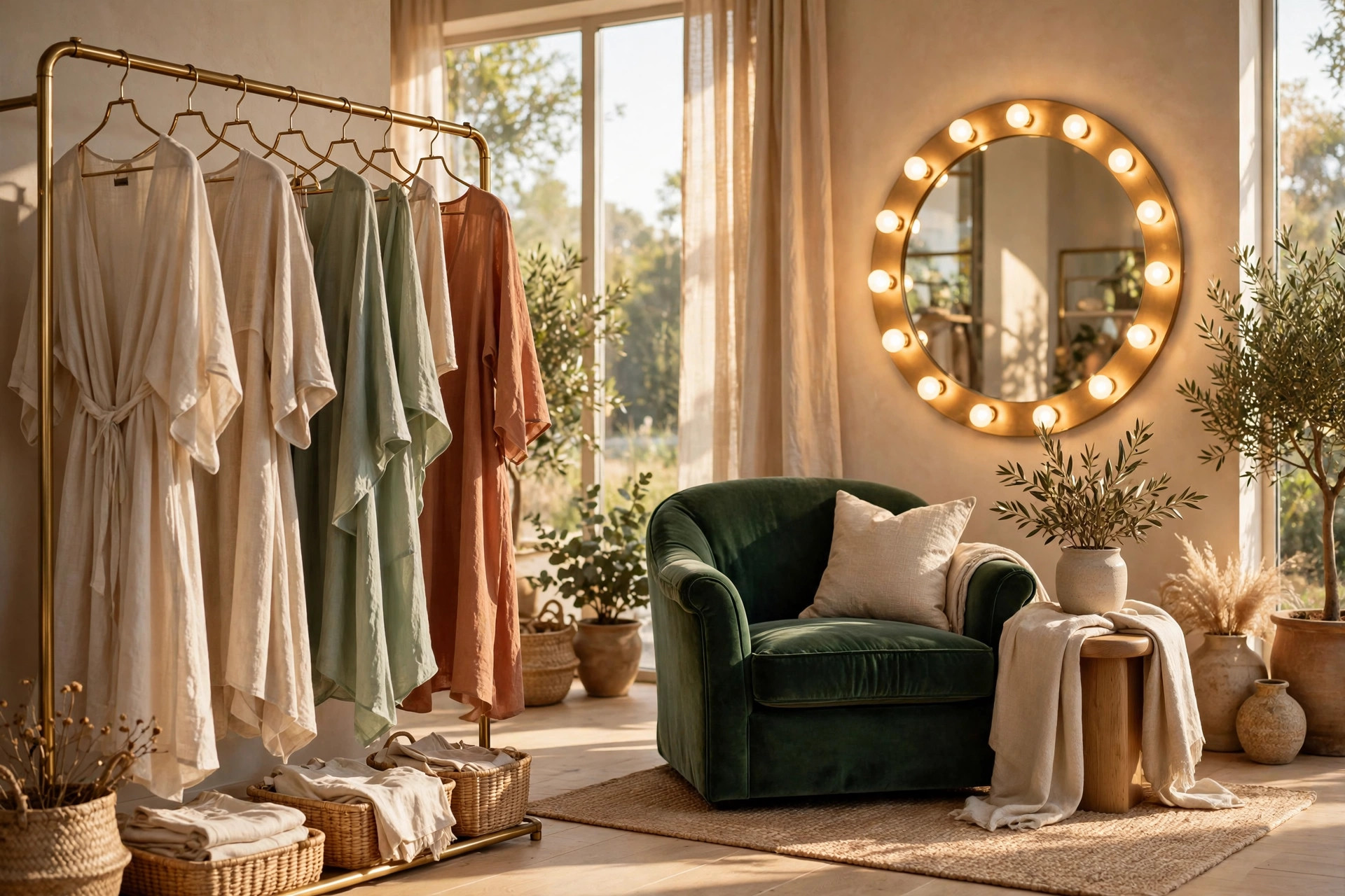 Sunlit women's boutique interior with a brass clothing rack of linen dresses, a velvet armchair, and a round mirror with warm bulbs, elegant and inviting