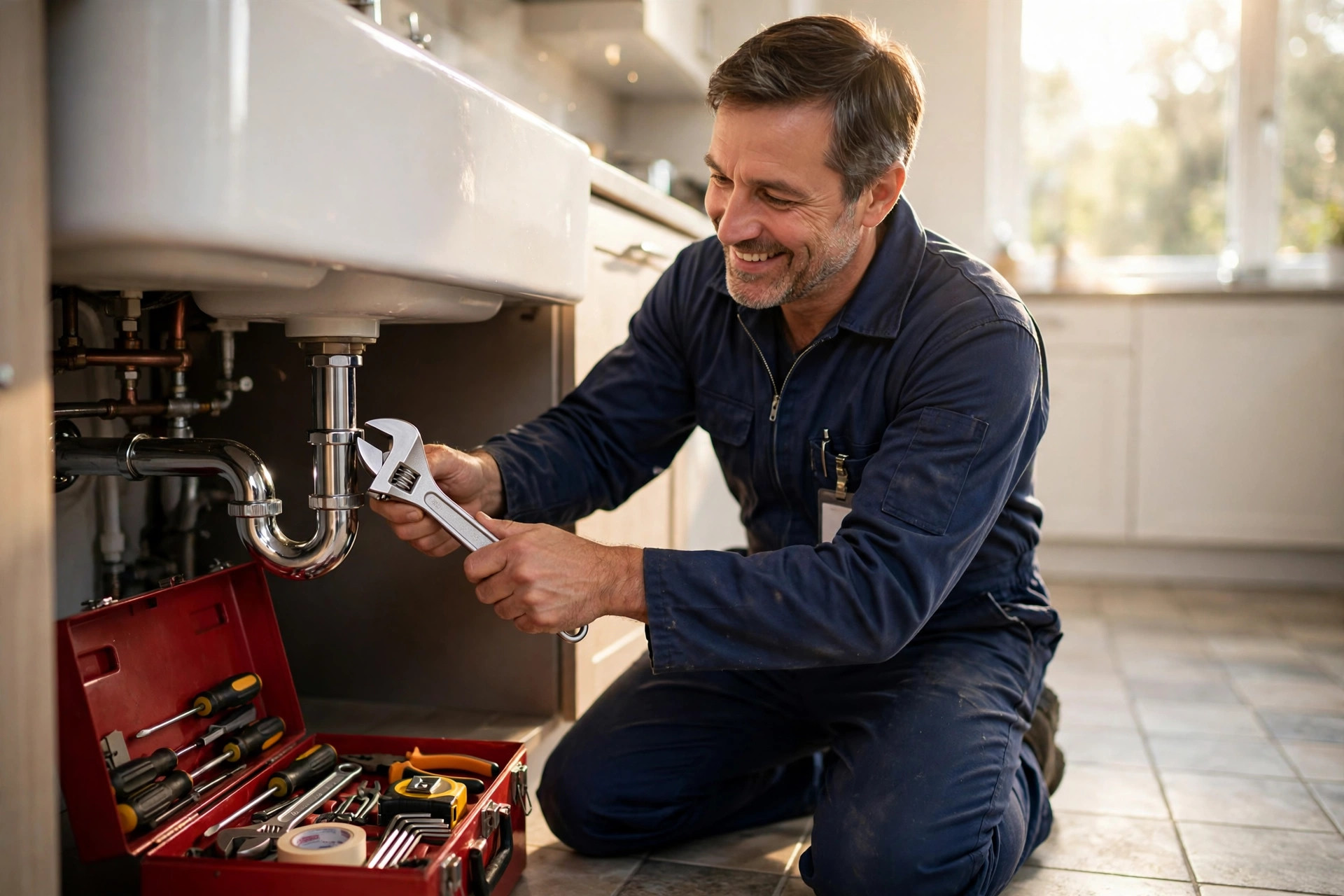 Friendly plumber in navy coveralls kneeling under a white kitchen sink tightening a chrome pipe fitting with a wrench, open red toolbox beside him, bright morning daylight from a nearby window, photorealistic, warm and trustworthy mood