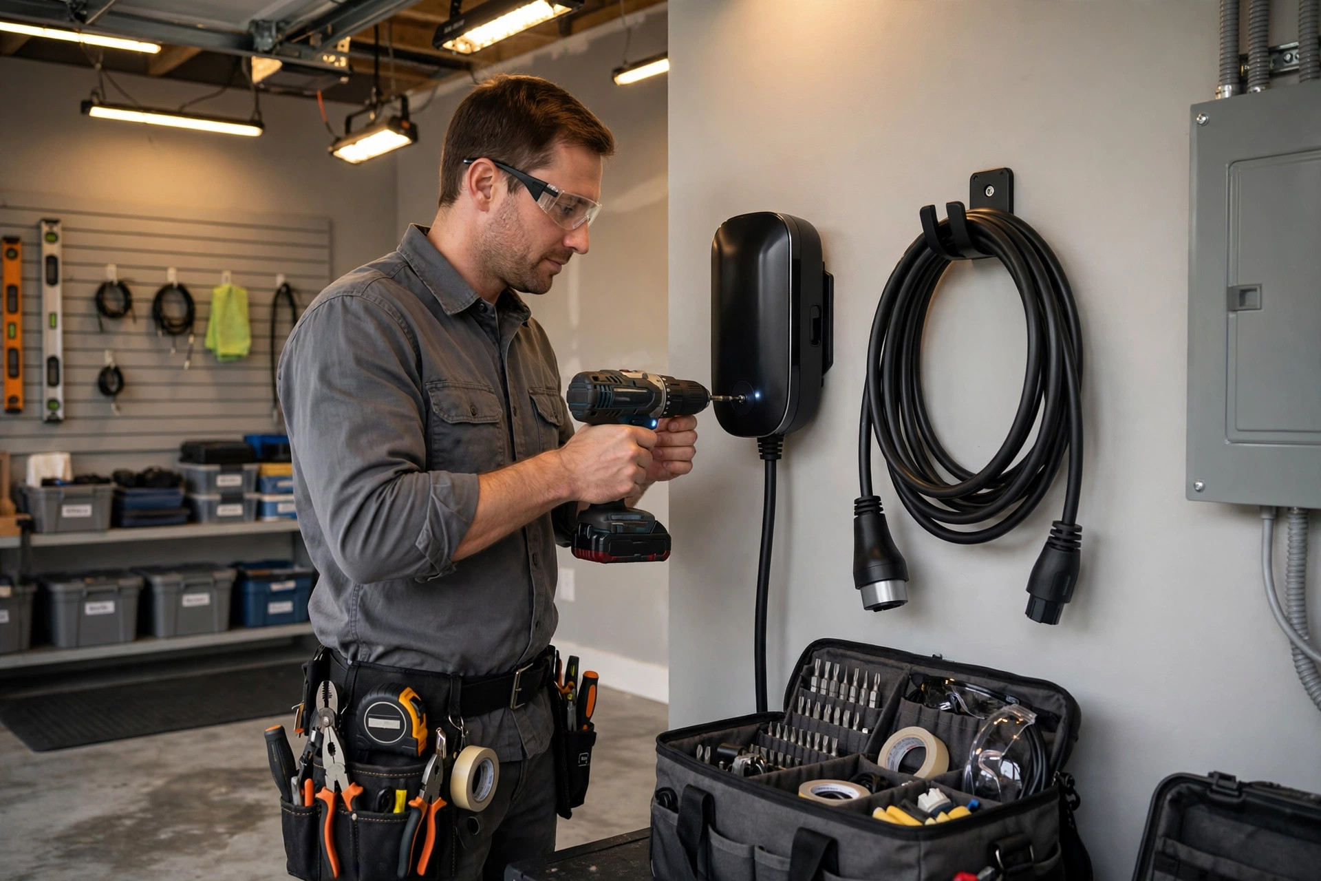 Electrician in a grey work shirt and safety glasses installing a modern black EV wall charger in a clean residential garage, cable neatly coiled, warm overhead lighting, photorealistic, professional and precise mood