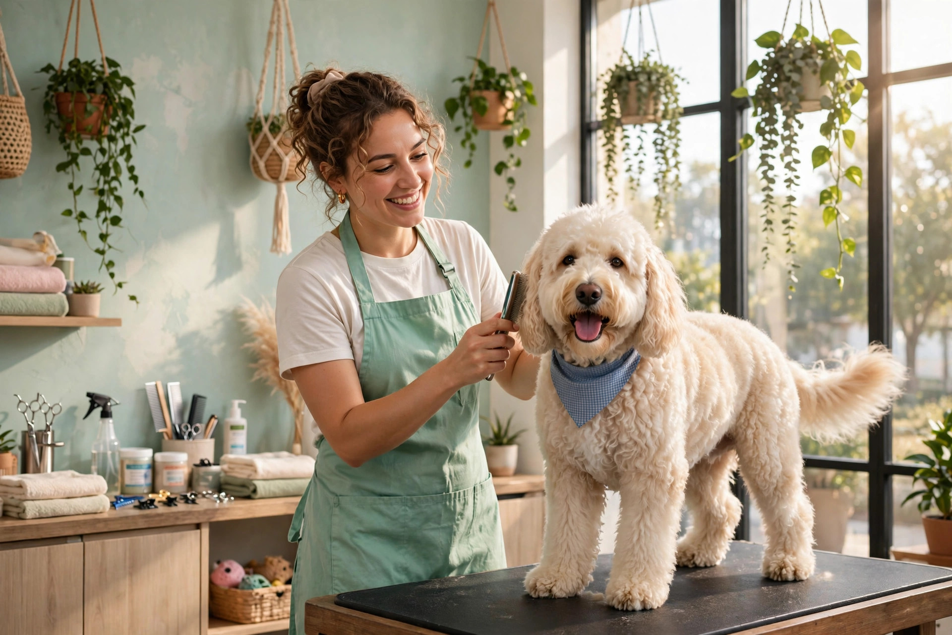 Cheerful groomer in a mint-green apron gently brushing a fluffy cream-coloured doodle on a grooming table, the dog looking relaxed and happy, bright salon with pastel walls and hanging plants, photorealistic, warm and joyful mood