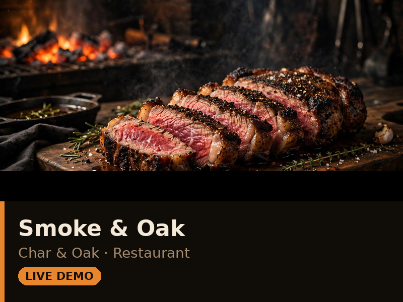 Smoke and Oak theme demo — dark steakhouse page with stacked cards
