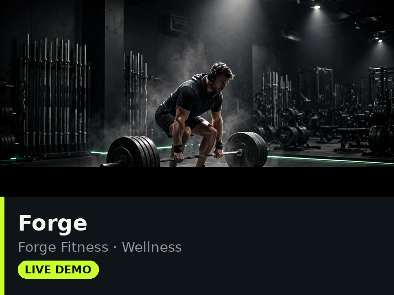 Forge theme demo — high-energy dark gym page with stats