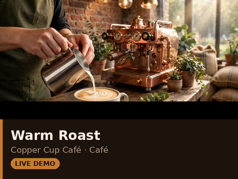 Warm Roast theme demo — cozy café page with menu first
